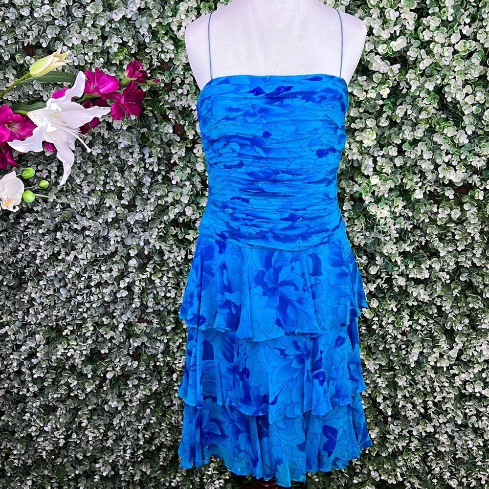 Lillie Rubin Silk Vintage Blue Floral Ruffle Slip Dress 6